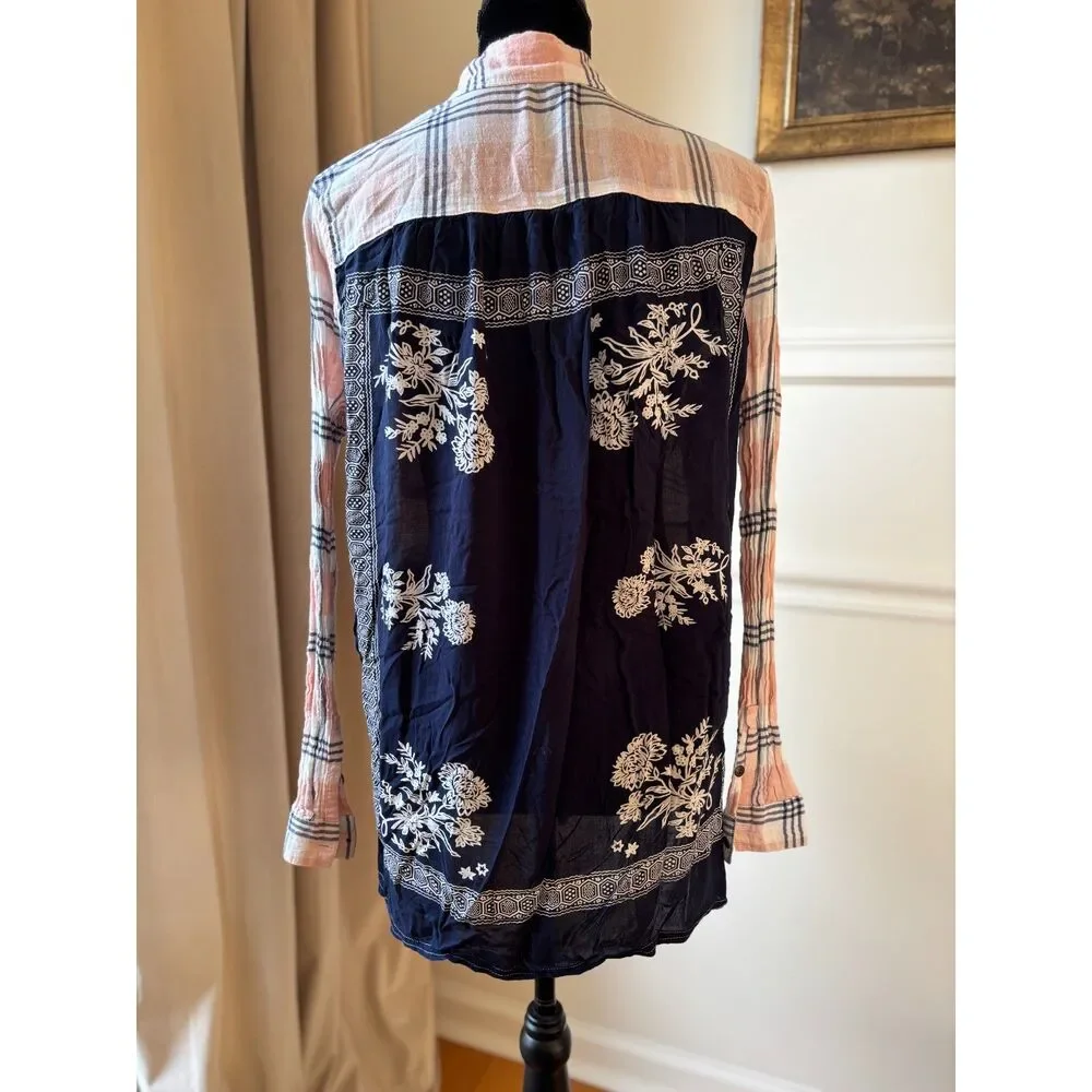 FREE PEOPLE Plaid Multi-Print Pink Navy Blue Shirt Top Size S/M - Picture 2 of 3